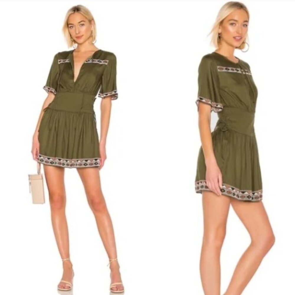 Tularosa Hannah Embroidered Boho Mini Dress Olive Green Sz S